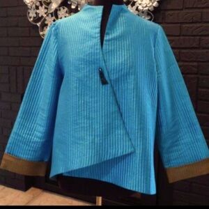 IC Connie K Metallic Shimmer Teal Blue Bronze Artsy Chopstick Jacket Top XXL 2XL